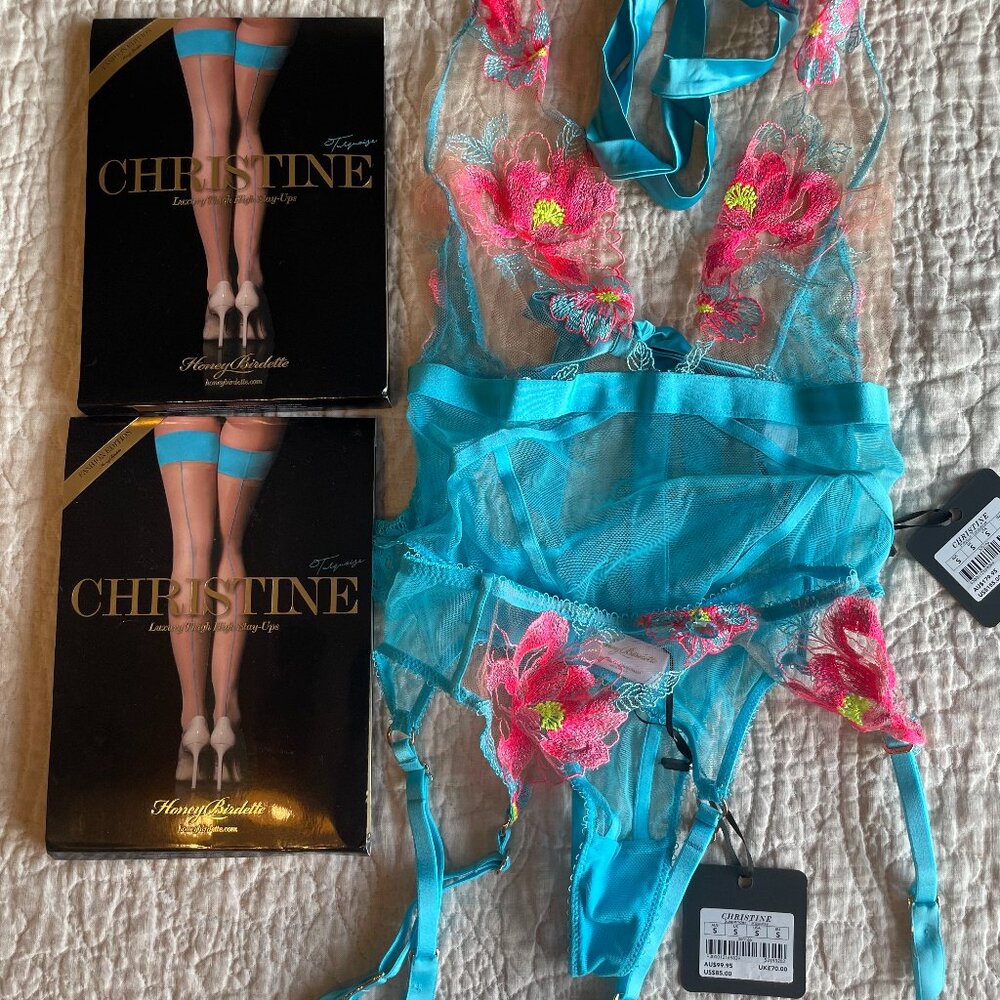 Honey Birdette Christine Bodysuit, Garter, and Stockings